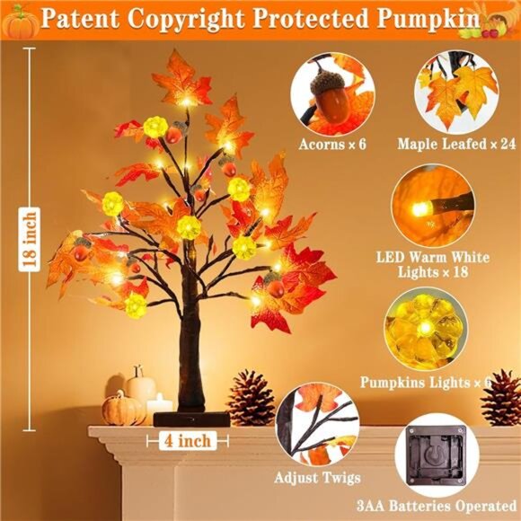 Fall Maple Tree Lights 2 Pack Prelit Tabletop LED Pumpkin Acorn Thanksgiving Dec - Picture 2 of 7